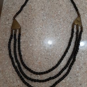 3-layer wooden beads and gold-tone accents necklace